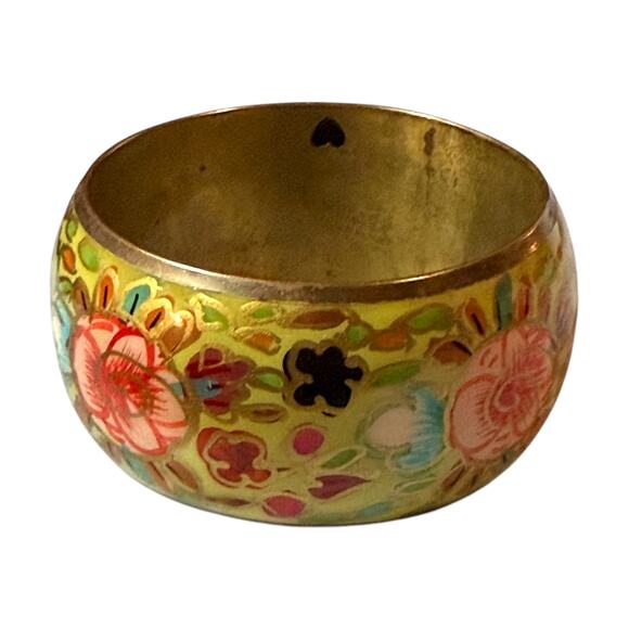 Vintage Bohemian Bangle Brass Green Pink Blue Floral Enamel Bracelet - Picture 2 of 6